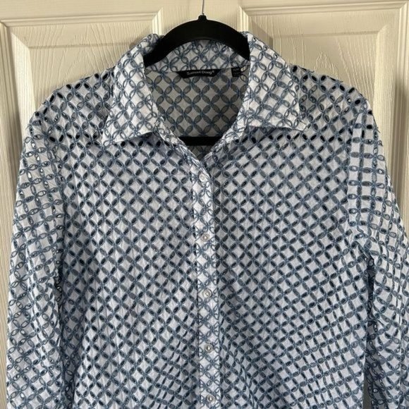Samuel Dong Eyelet Cutout Button Down Long Sleeve Blouse, Blue White Sz Medium - Picture 3 of 16